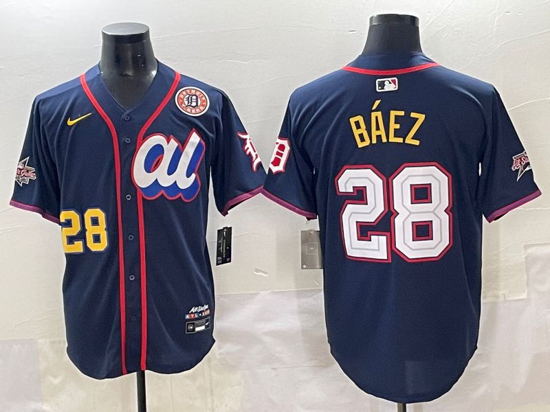 Men 2025 Detroit Tigers 28 Baez Blue All star Blank Blue Nike MLB Jersey style 3